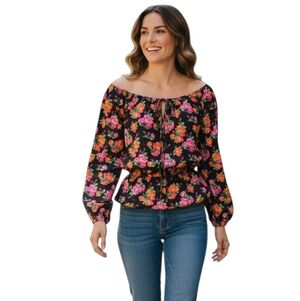 NWT Betsey Johnson Black Floral Rose Blouse. Large.